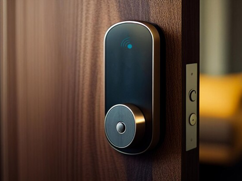 Technician setting up Smart Door Automation IoT system on residential front door