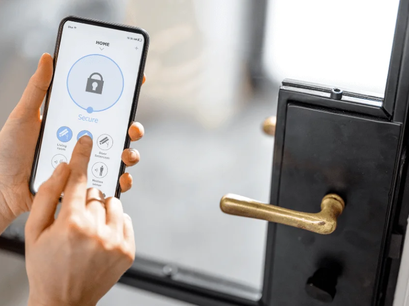 Modern home entrance with Smart Door Automation IoT system installed