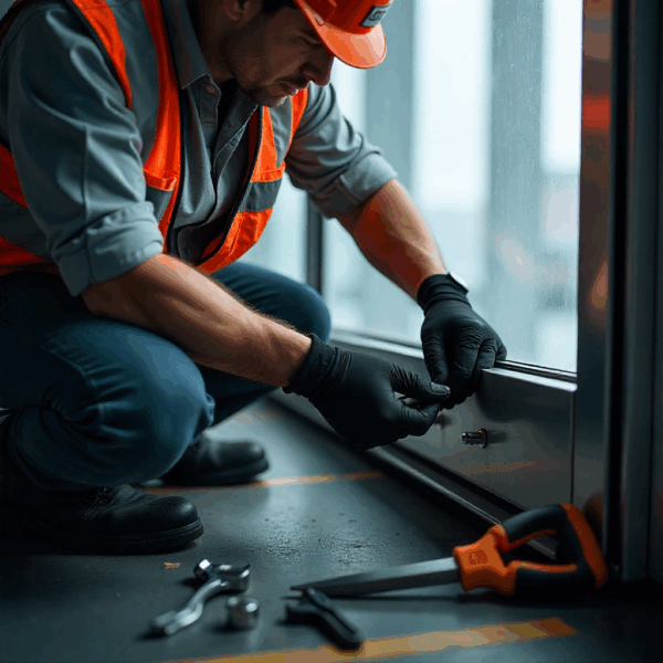 Facility manager testing safety features on an Automatic Sliding Door installation.