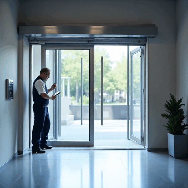 Technician inspecting an Automatic Swing Door Opener at a commercial building entrance.