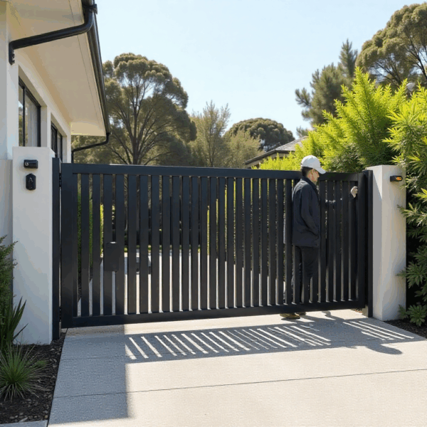 Detailed view of Swing Gate Automation components mounted on a steel gate.