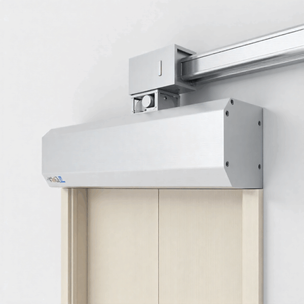 Surface-mounted automatic door opener installed on a commercial swing door, showing motor housing and arm mechanism, example of automatic door opener types