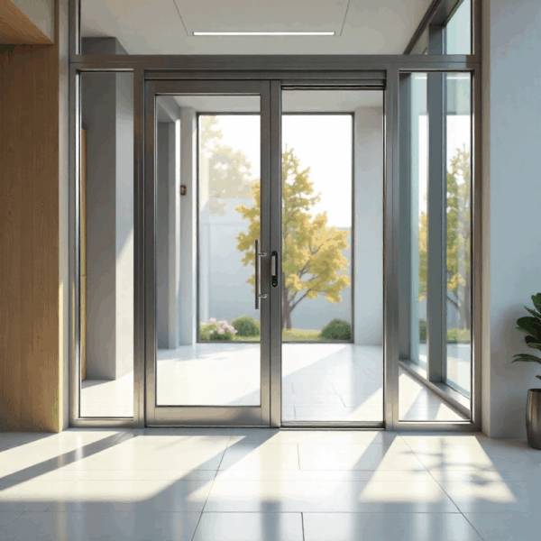 Floor-mounted automatic door opener installed beneath a pivoting glass door, illustrating a heavy-duty example of automatic door opener types in a modern lobby.