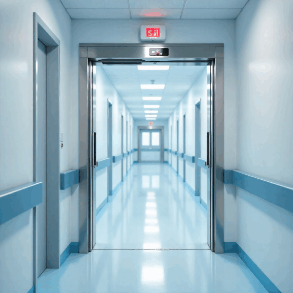 Hospital automatic swing door with sensor-activated Automatic Swing Door Opener, enhancing safety and infection control.