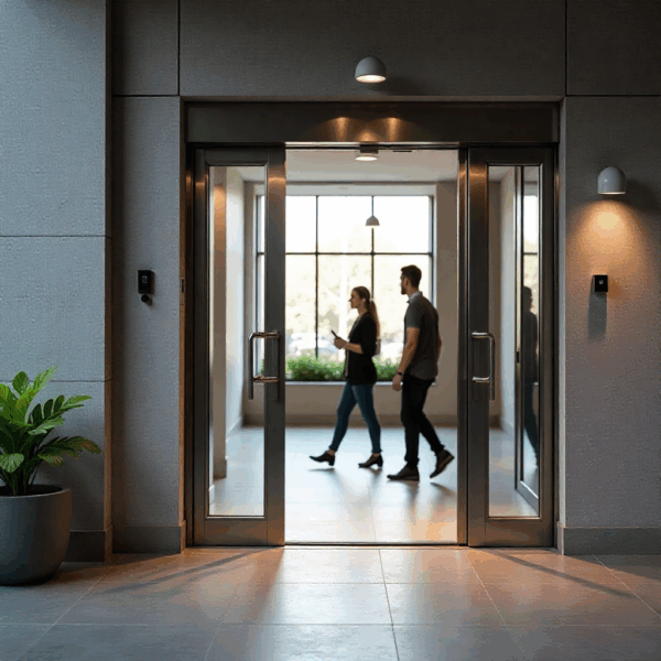 Technician installing an automatic swing door opener in a modern home and office environment, demonstrating professional setup and safety compliance.