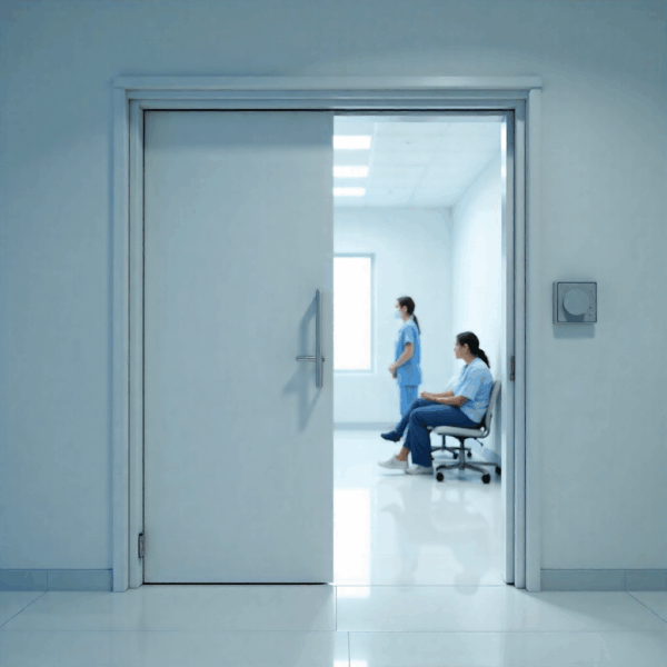 Modern hospital corridor with an Automatic Swing Door Opener, improving accessibility and hygiene for healthcare environments.