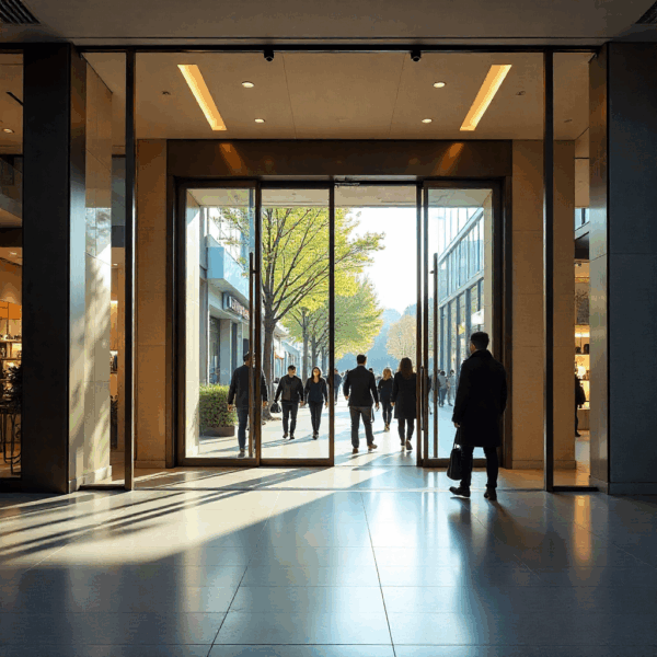 Energy-efficient shopping centre automatic door reducing air exchange