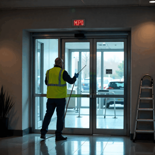 Automatic door system showing infrared motion sensor and control panel