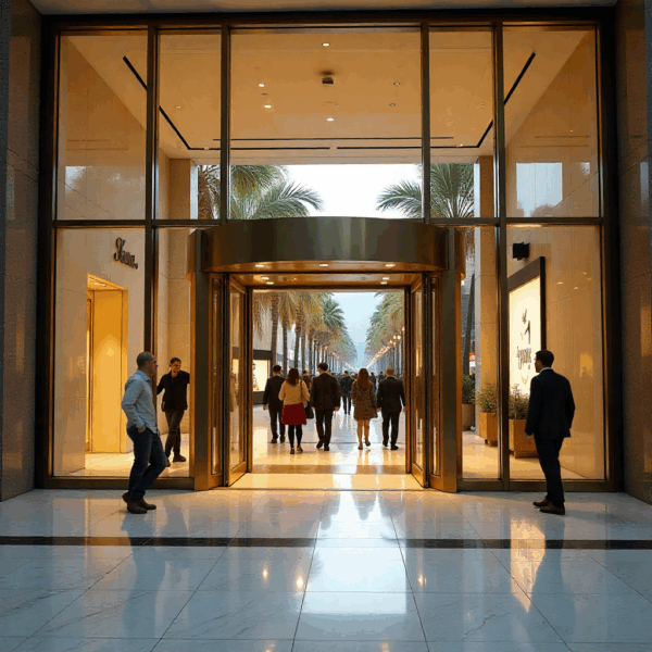 Close-up of door automation system installed on commercial glass door.