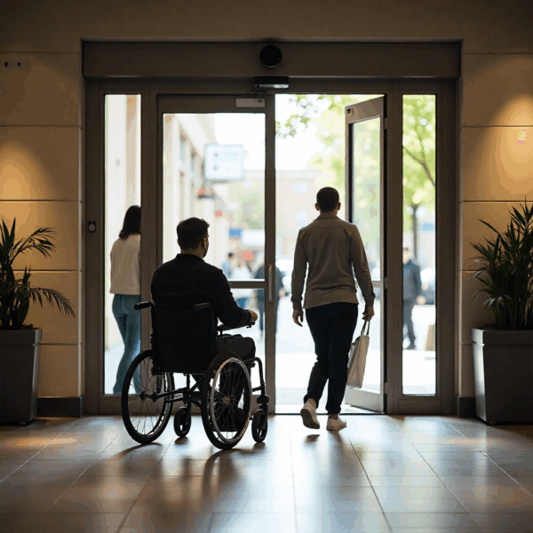 Main entrance of a shopping centre featuring door automation technology