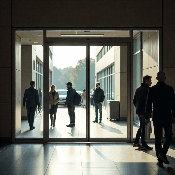 Technician installing safety beam sensors on an automatic sliding door in a commercial building