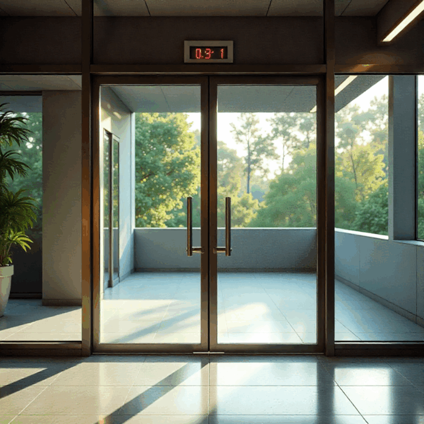 Sliding door systems in a shopping mall featuring integrated infrared safety sensors.