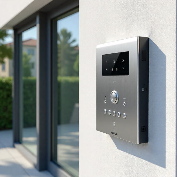 Akuvox 2-Wire IP Intercom Kit mounted near a door for intercom and surveillance integration