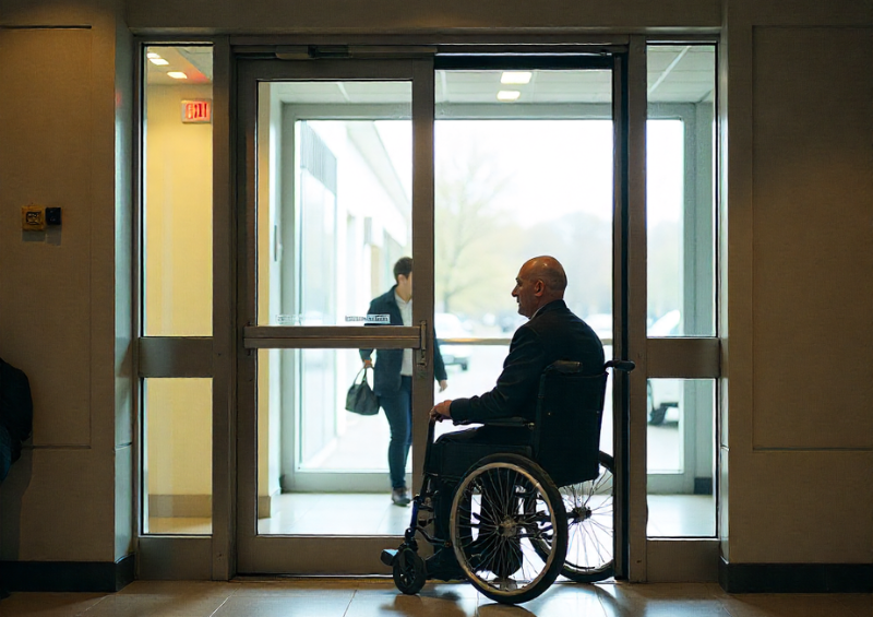 Automatic swing door opener mounted on a fire-rated door in a public space