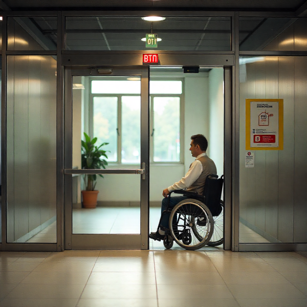 Automatic swing door opener installed above a fire-rated swing door