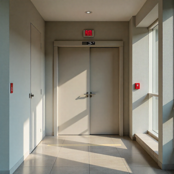 Automatic swing door opener installed on fire-rated door in commercial building