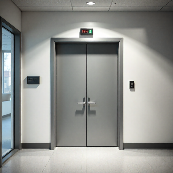 Automatic swing door opener connected to fire alarm system for fire safety compliance