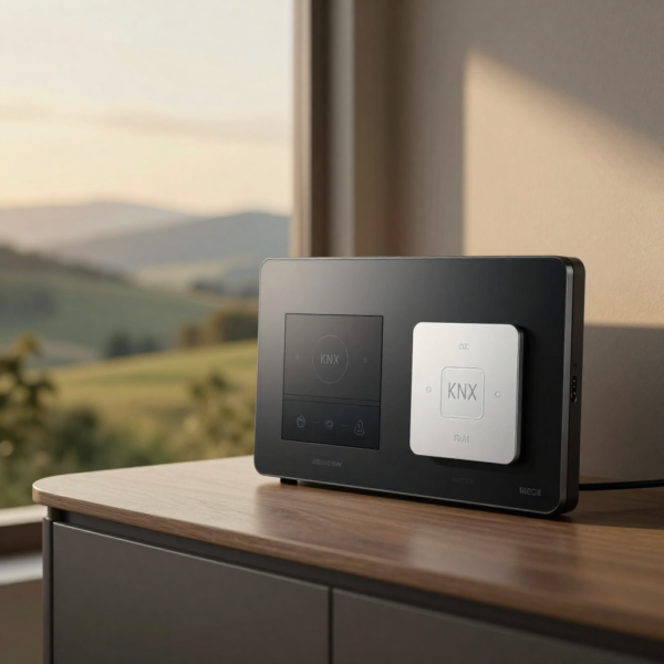 Smart home KNX System panel with clean wiring and a Jigsaw KNX Gateway (2 Users).