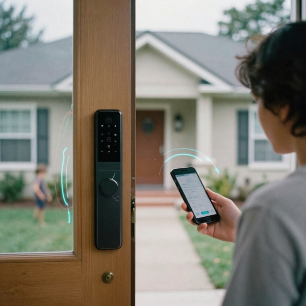 Smart Lock connected to a smartphone showing geofencing and remote access control for family safety