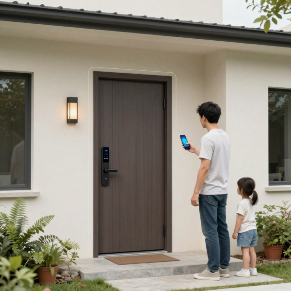 Smart Lock keypad being used by children to unlock the front door safely after school