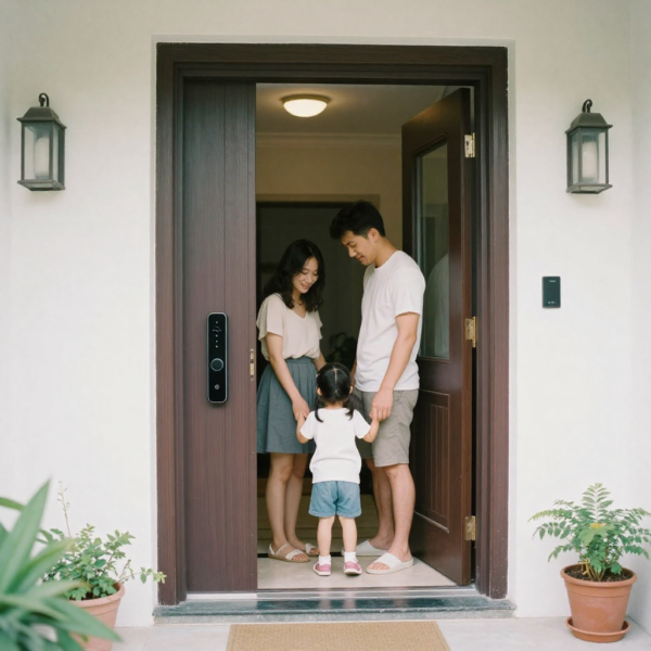 Smart Lock installed on a family home front door providing safe and automatic access for parents and children