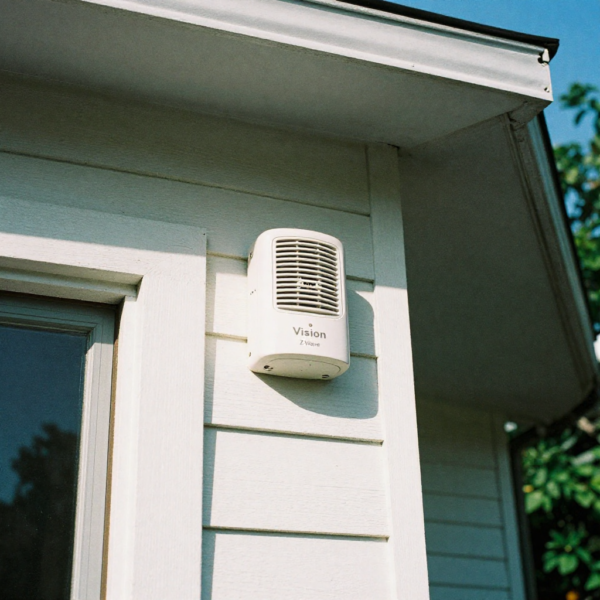 Vision Z-Wave Outdoor Siren mounted under roof eaves for added protection against theft and damage