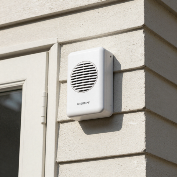 Vision Z-Wave Outdoor Siren integrated into a smart home security system on a residential property