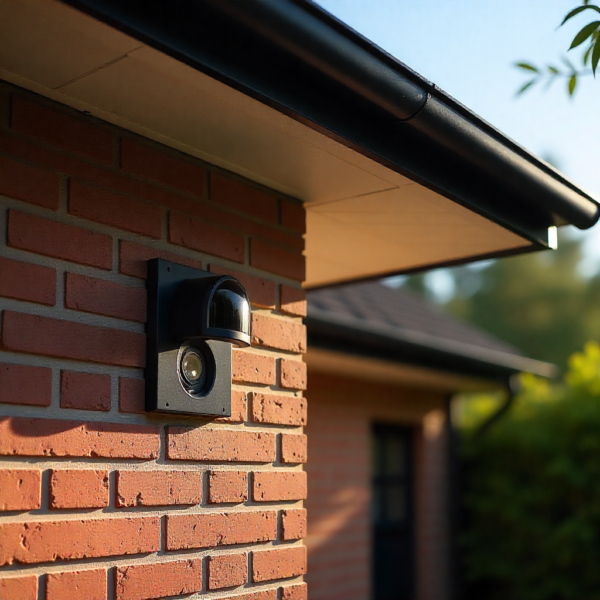 Close-up of Vision Z-Wave Outdoor Siren secured with tamper-resistant screws on a solid brick wall