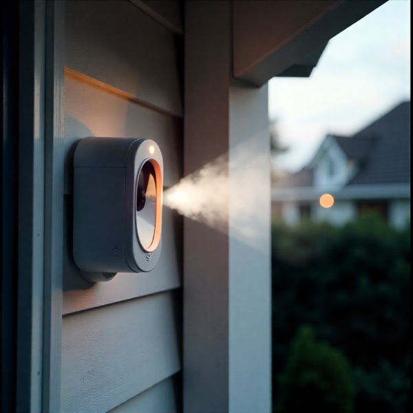 Vision Z-Wave Outdoor Siren installed outside a home with visible Z-Wave wireless signal