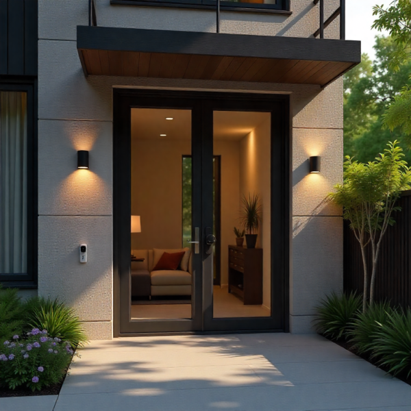 Home exterior with Vision Z-Wave Outdoor Siren integrated into smart security system.