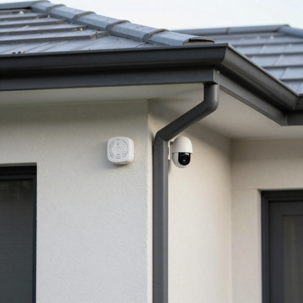 Luxury home security layout featuring Vision Z-Wave Outdoor Siren and smart cameras.