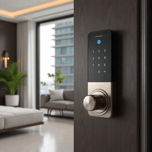 Smart home hub connected to modern access control systems in a residential entryway.