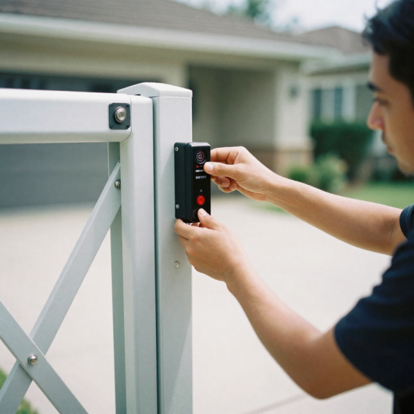 Technician aligning IR gate sensors to improve reliability of safety sensors for gates.