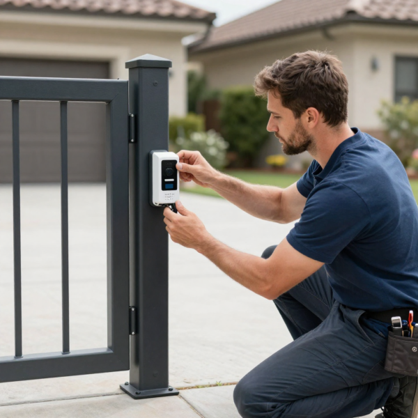 Close-up of IR gate sensors installed at correct height on an automated driveway gate.