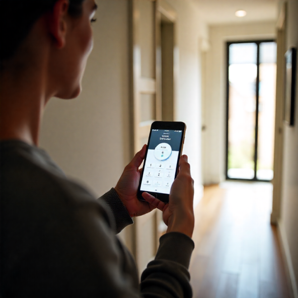 Close-up view of a smart lock installed on an existing deadbolt on a wooden door.
