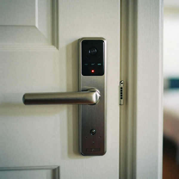Homeowner using a smart lock for secure and convenient entry into a modern home