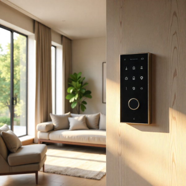 Modern luxury home entry featuring a premium smart lock system.
