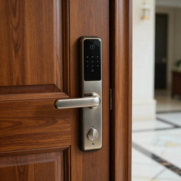 Homeowner using a smartphone app to unlock a smart lock on their front door.