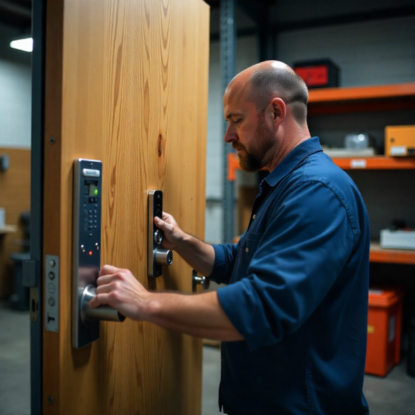 Technician aligning a smart lock with a traditional deadbolt during installation.
