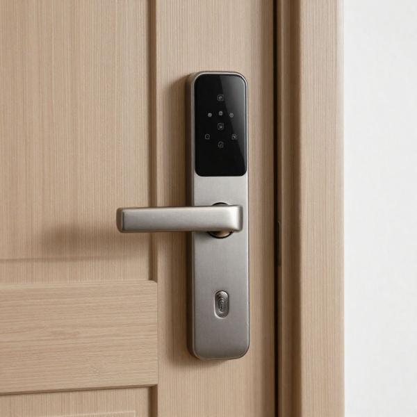 Smart lock installed on a modern front door showing battery compartment for maintenance and long-term reliability