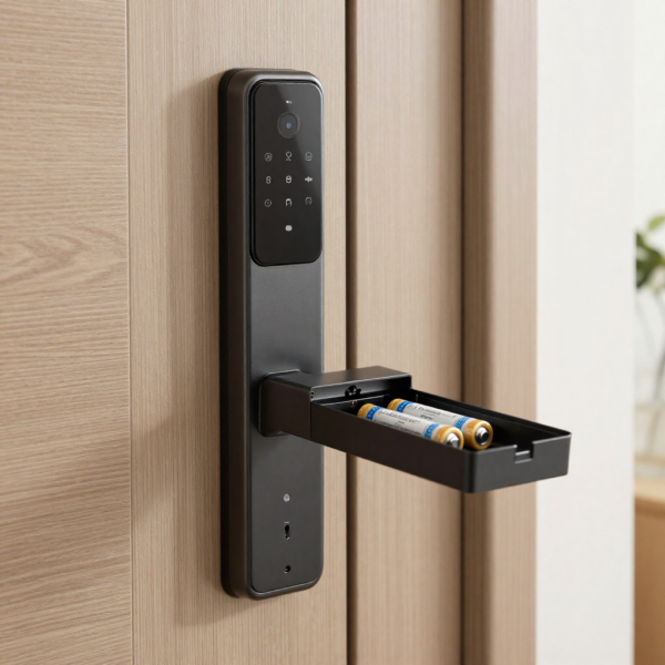 Smart lock battery replacement process on a residential door to maintain reliable access and performance