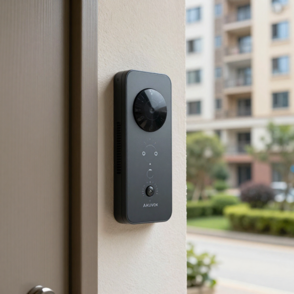 Akuvox 2-Wire IP Intercom Kit mounted at shared apartment entry door