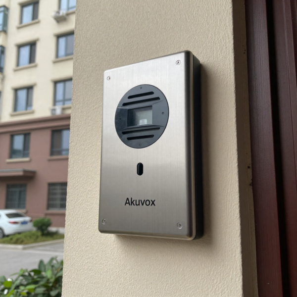 Akuvox 2-Wire IP Intercom Kit installed at apartment building entrance