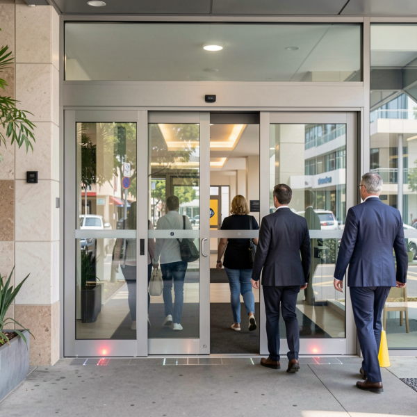 Automatic sliding door installed at commercial building entrance in Australia