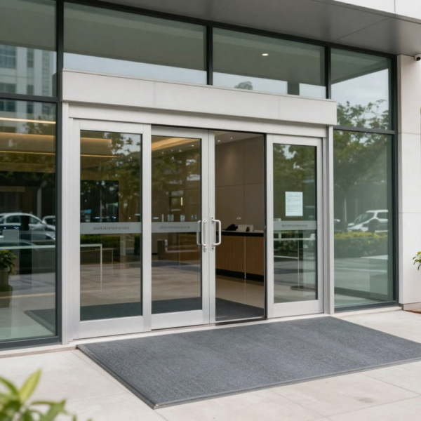 Automatic sliding door at main entrance providing step-free access