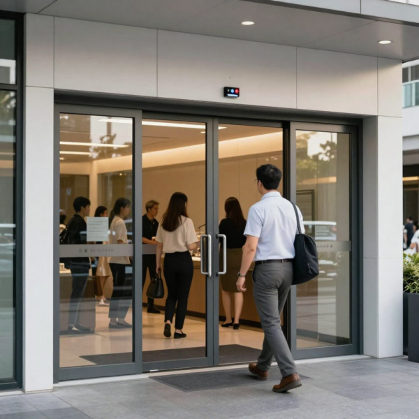 Automatic sliding door operating safely in residential setting
