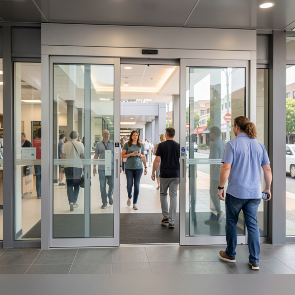 Automatic sliding door managing high foot traffic safely