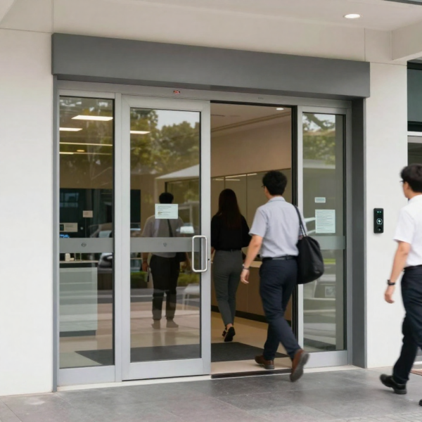 Automatic sliding door safety sensors detecting approaching pedestrians