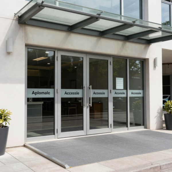 Automatic sliding door allowing easy access for mobility aids