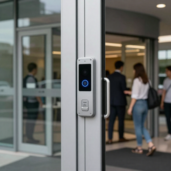 Automatic sliding door providing wheelchair access at building entrance